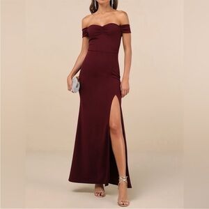 Lulu's Beyond Excellent Wine Red One-Shoulder Evening Gown with Side Slit
